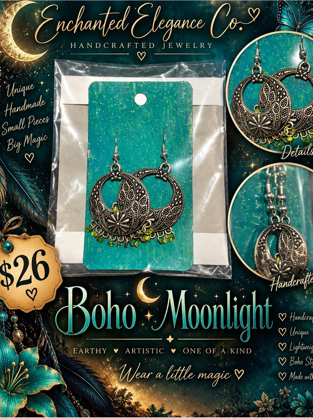 Boho Moonlight Teal & Green Dangle Earrings